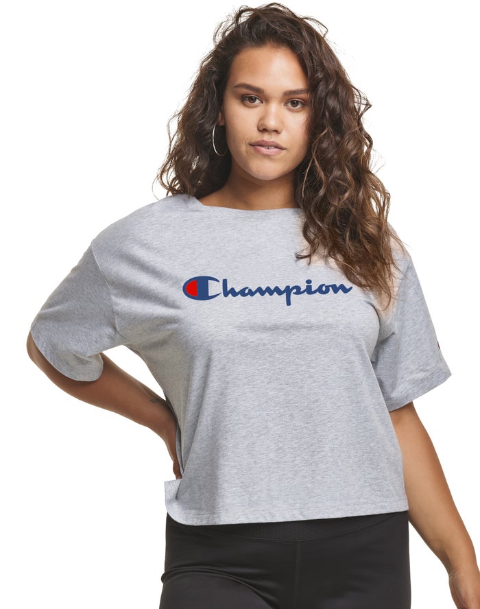 Champion Plus Cropped Script C Logo T-Shirt Dames - Grijs - Belgie 5370WAIYH